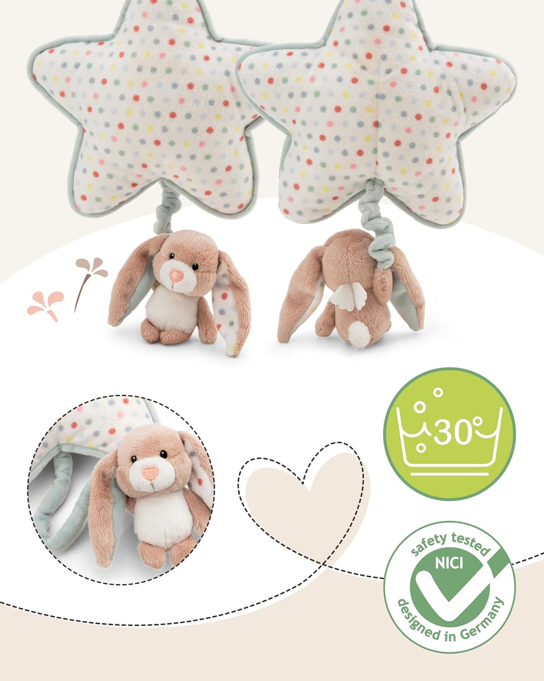 NICI Spieluhr Stern 21x20cm mit Hase Fjella 9cm - rosa - Einschlafhilfe für Babys und Kleinkinder ab
