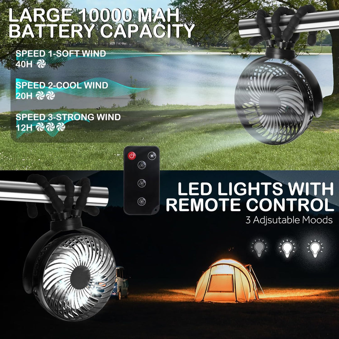 Hianjoo LED Ventilator mit 10000mAh Akku - 360° Drehbarer Kleiner Tischventilator für Camping, Zelte