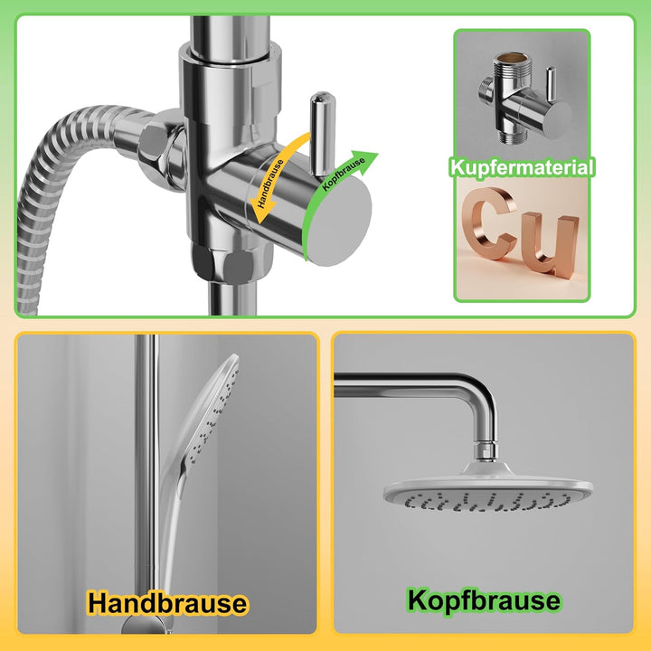 Florenta Regendusche Duschsystem Chrom Duschset mit Edelstahl Duschstange und ABS Kopfbrause, Handbr
