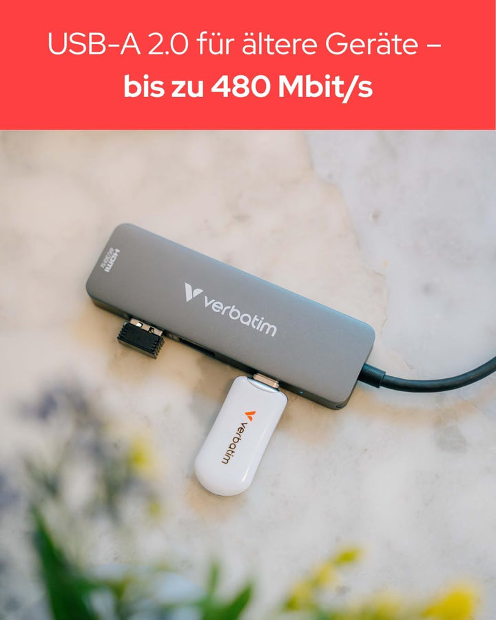 Verbatim USB-C Essentials Multiport Hub - 4 Ports: (1) USB-A 2.0, (1) USB-A 3.0/3.2 Gen 1, (1) USB-C