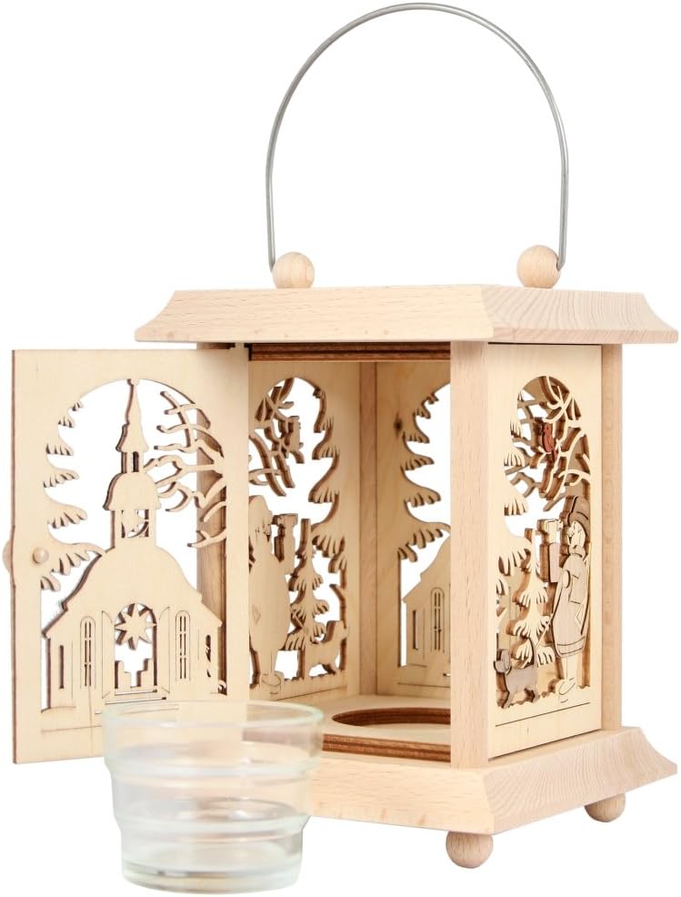 Drechslerei Kuhnert Tischlaterne/Teelichthalter - Motiv: Seiffen aus Edelholz - Masse: 11,5 x 11,5 x