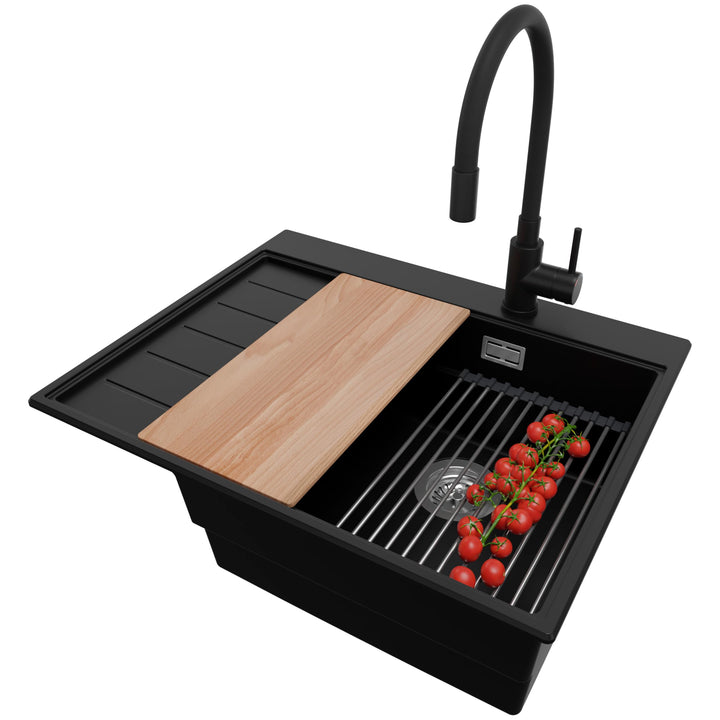 PRIMAGRAN Granitspüle Schwarz 62x50cm, Spülbecken 1 Becken + Küchenarmatur 40x38cm + Ablauf-Set, Küc