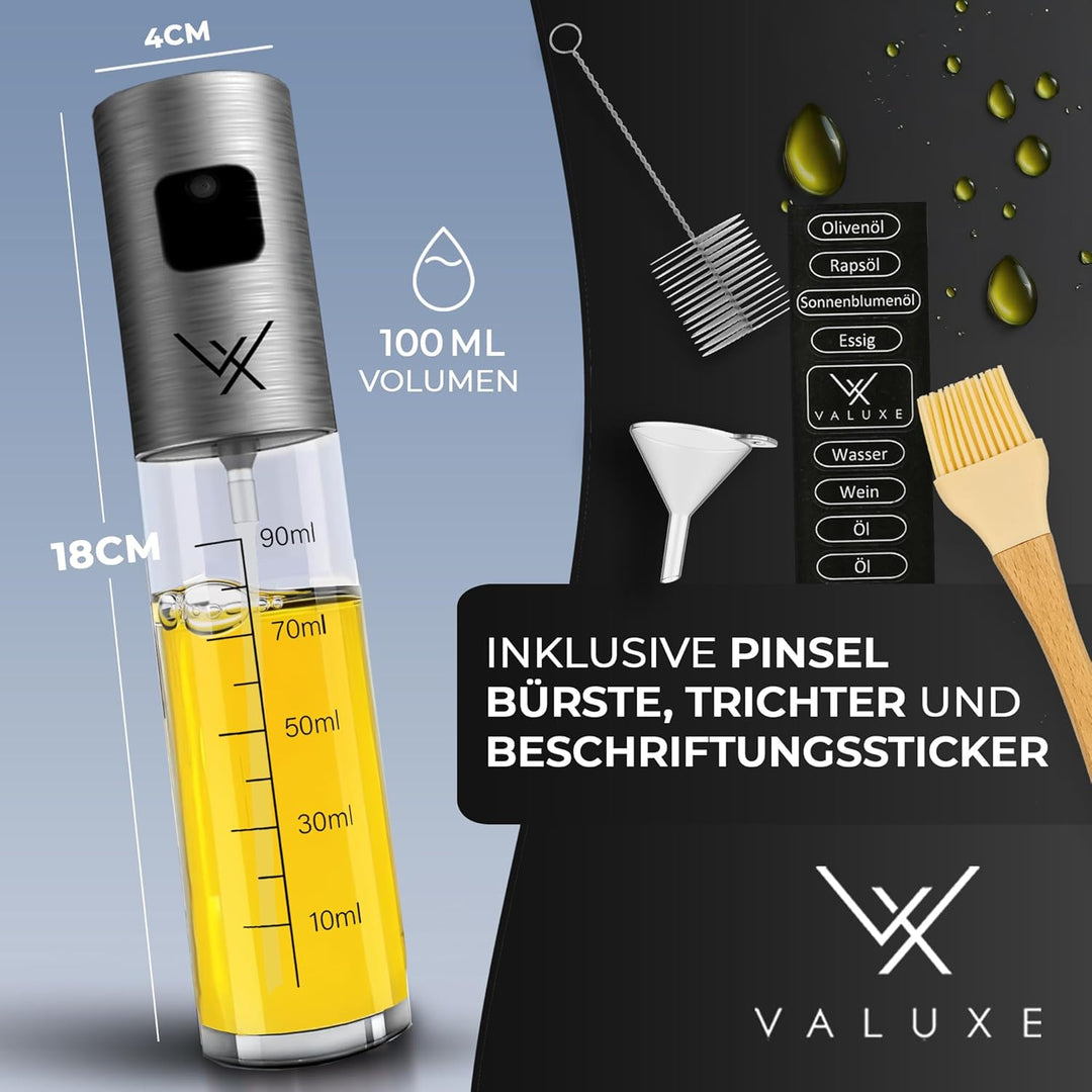 VALUXE® Ölsprüher - Das ORIGINAL - Extrem präzise Öl-Sprühflasche aus Edelstahl und Glas - Multifunk