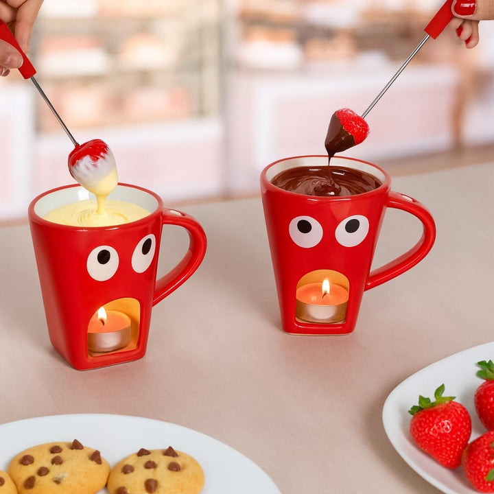 Fisura - Fondue Tasse für Schokolade und Käse, rote Keramiktasse 140 ml mit Gabel, originelle Gesche