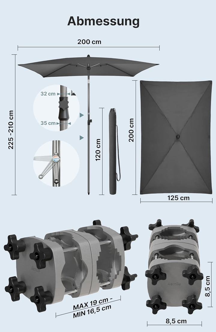 4smile SunnyShade Sonnenschirm Balkon mit Halterung im 3-er-Set, UV 50+, 200x125 cm, Anthrazit, Sonn