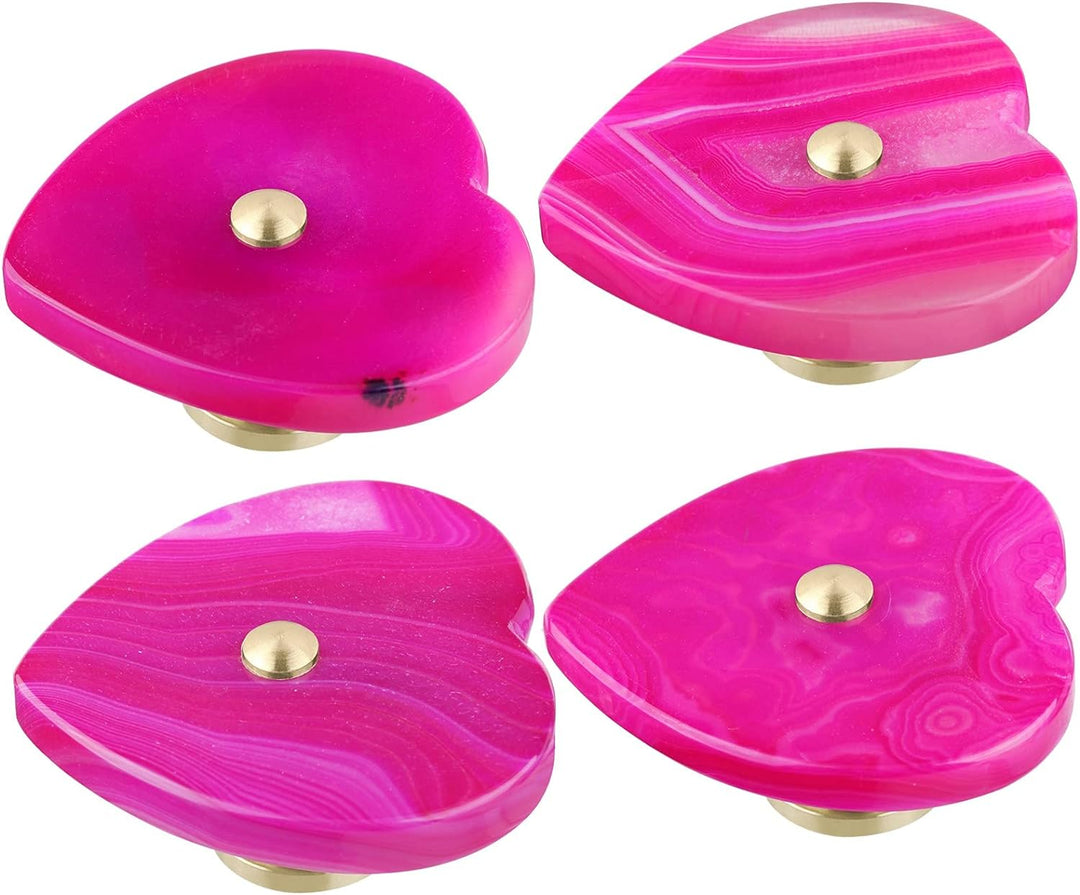 KYEYGWO 4 Stück Rosa Herz Achat Scheiben Möbelknöpfe, Polierte Herzförmig Edelstein Schubladenknöpfe