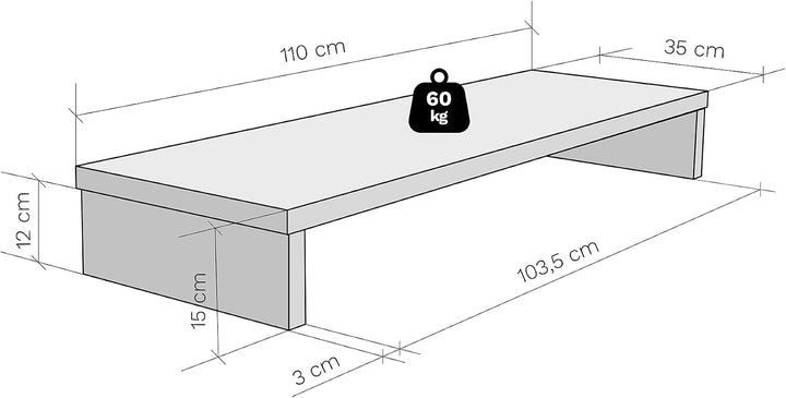 Henor Riser Halterung für TV aus Holz 110 x 35 x 15 cm Eiche Stel. Unterstützt 60 kg. 110x35x15 Eich