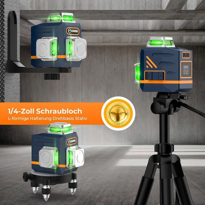 Kreuzlinienlaser mit Stativ, CIGMAN 3x360 Grad Grün Selbstnivellierend Laser Wasserwaage mit 1,5m -A