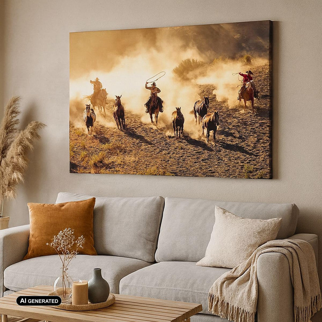 ARTTOR Bilder auf Leinwand 100x70cm Leinwandbild Cowboys Pferde Galopp Gross Wanddeko Bild Schlafzim