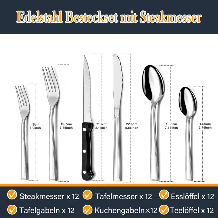 Besteck Set 12 Personen, Hunnycook 72 teilig Essbesteck mit Steakmesser, Besteckset Edelstahl mit Me