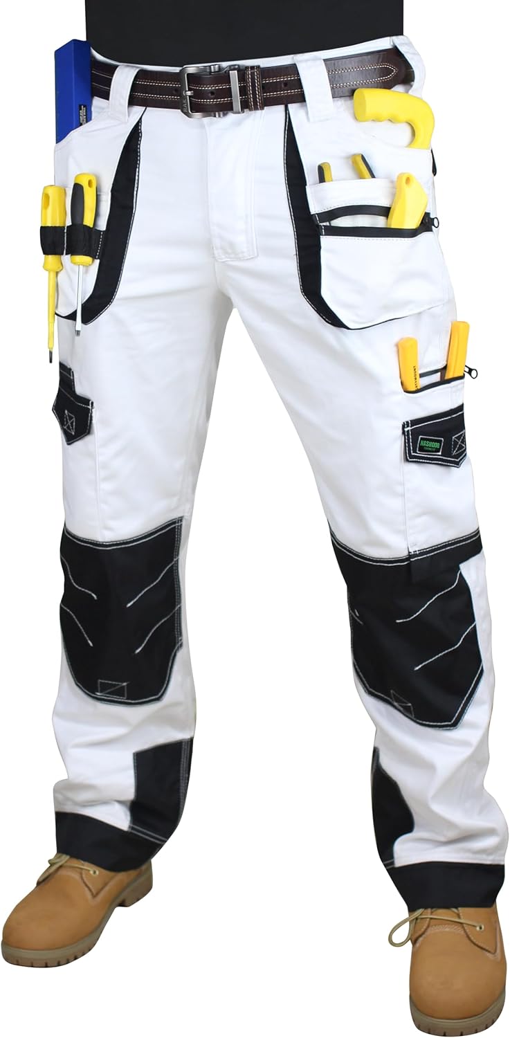 HASHOOB Herren Arbeitshose Maler Dekorateure Weisse Cargohose Pants Weiss-6 38W / 34L, Wei&#xDF;-6 3