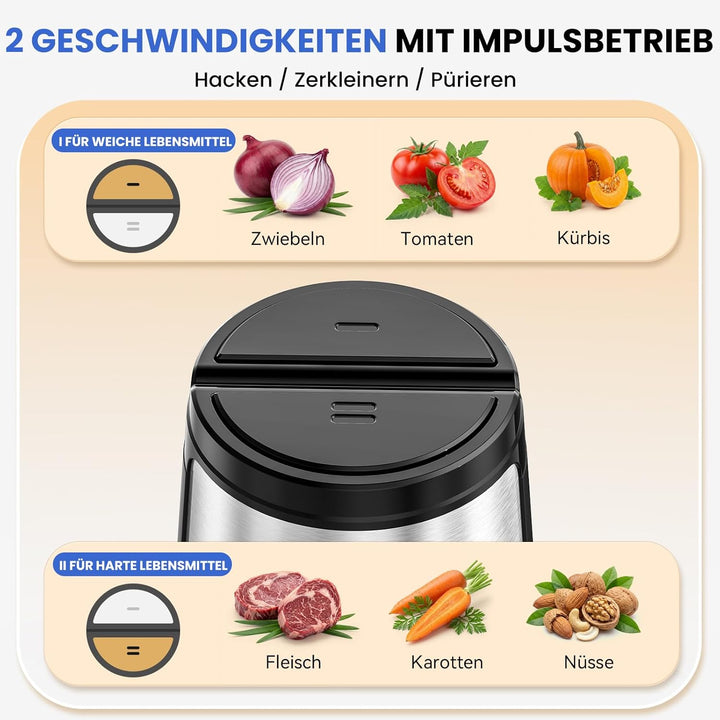 LINKChef Zerkleinerer Elektrisch 1,5L Glasbehälter, 2 Stufen, 3 Edelstahlklingen – Universalzerklein