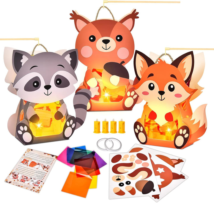 Herenear 3 Stück Herbst Kinder Laternen, Tierische Papierlaternen mit Laternenstäben, DIY Tier Dekor