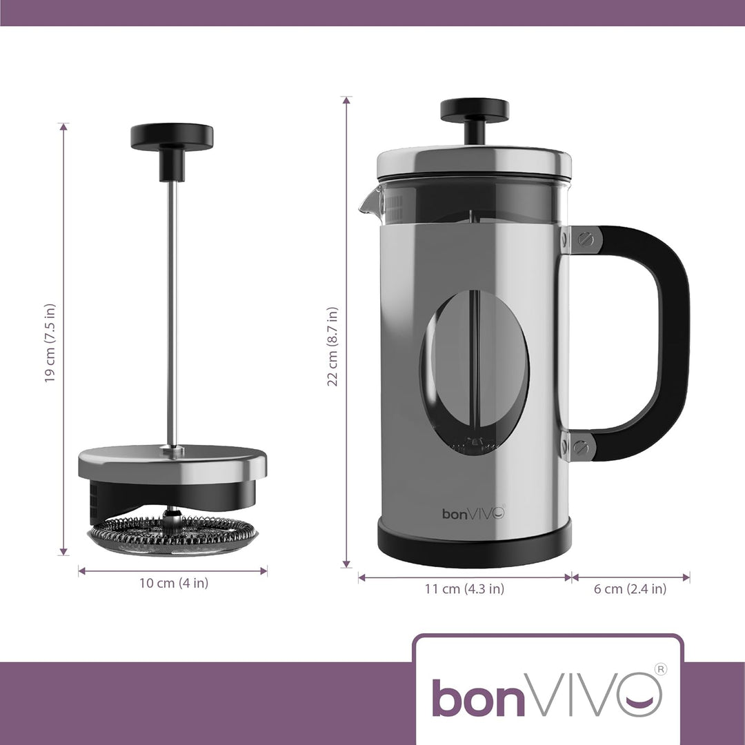 bonVIVO French Press 1L Silber – Kaffeebereiter gross aus Glas & Edelstahl – Kaffeepresse 8 Tassen –