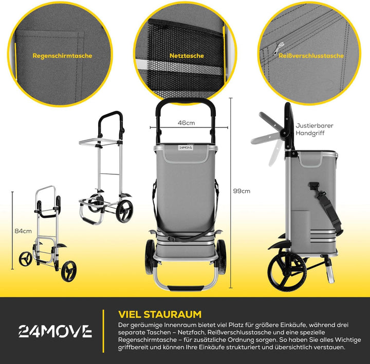 24MOVE® Einkaufstrolley Vehlo klappbar mit 55L inkl. Kühlfach, Faltbarer 3in1 Trolley - Sackkarre un