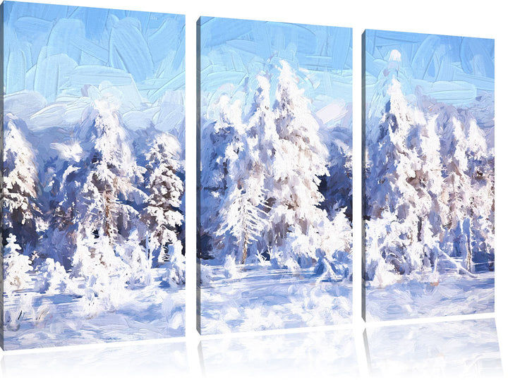 Pixxprint Winterwald Pinsel Effekt 3-Teiler Leinwandbild 120x80 Bild auf Leinwand