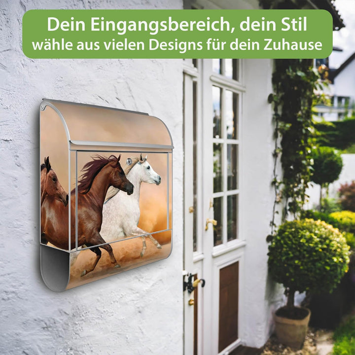 banjado® Design Briefkasten mit Motiv Wilde Pferde 39x47x14cm &amp; 2 Schlüssel - Briefkasten Stahl Silb