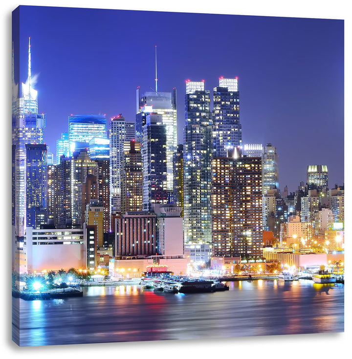 Pixxprint New York City Skyline Brücke bei Nacht, Format: 70x70 auf Leinwand, 70x70