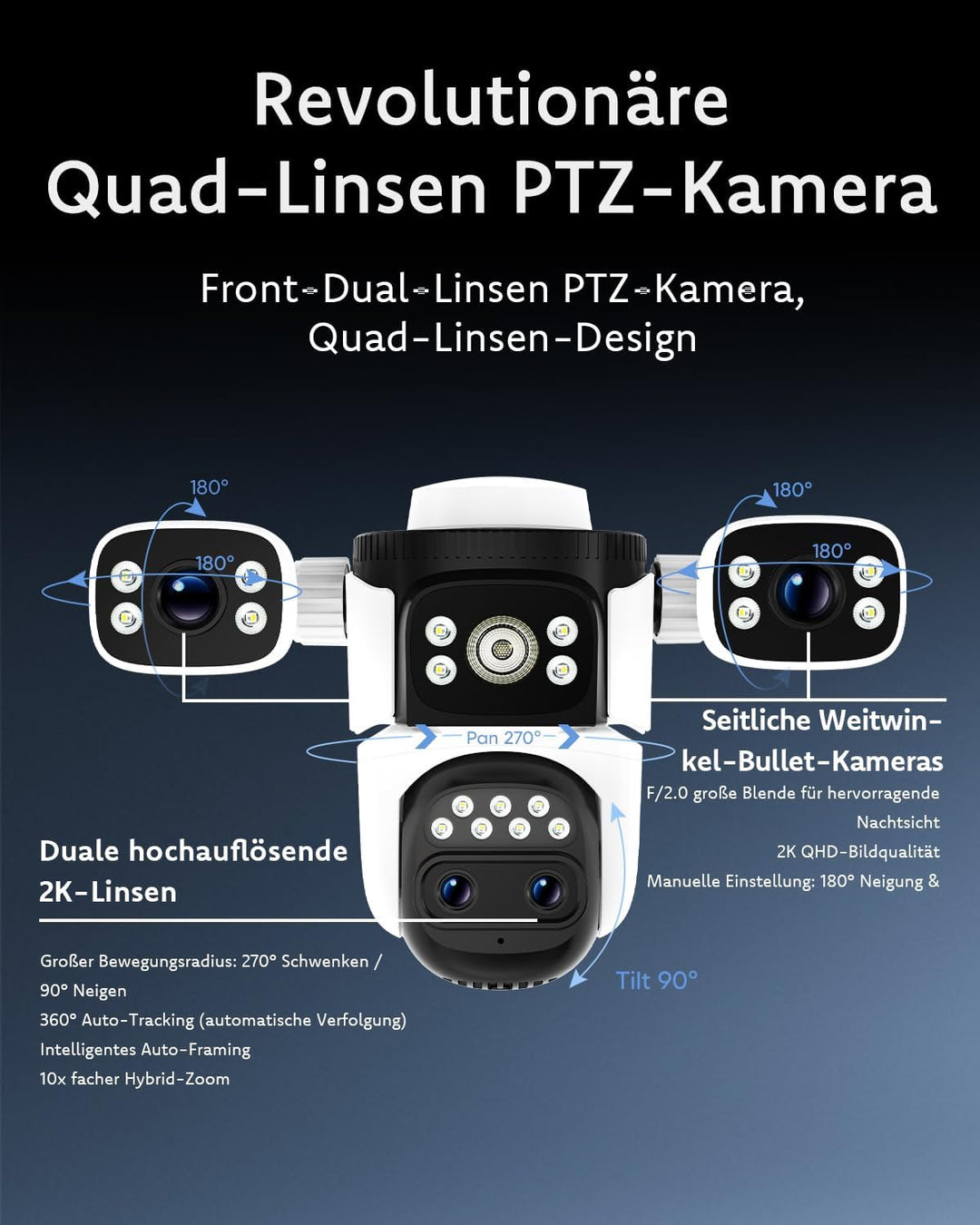 VSTARCAM 4-Linsen Überwachungskamera Aussen, 2K Kamera Überwachung Aussen 360° PTZ mit 10X Hybrid-Zo