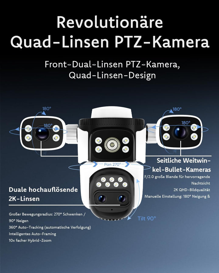 VSTARCAM 4-Linsen Überwachungskamera Aussen, 2K Kamera Überwachung Aussen 360° PTZ mit 10X Hybrid-Zo
