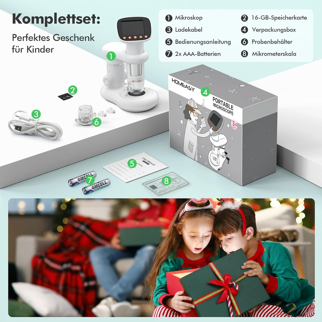 Mikroskop für Kinder 1000x Zoom Microscope 2" LCD Bildschirm Digitalmikroskop Tragbar Kindermikrosko