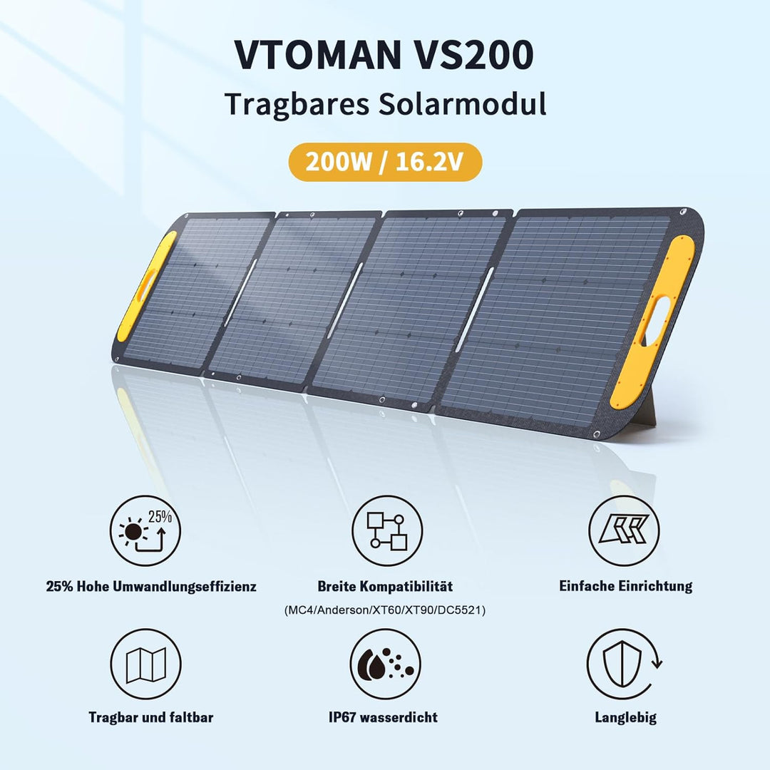 VTOMAN VS200 Faltbares Solarpanel 200W, 16V/25% Effizienz, Monokristalline Tragbare Solarmodul für P