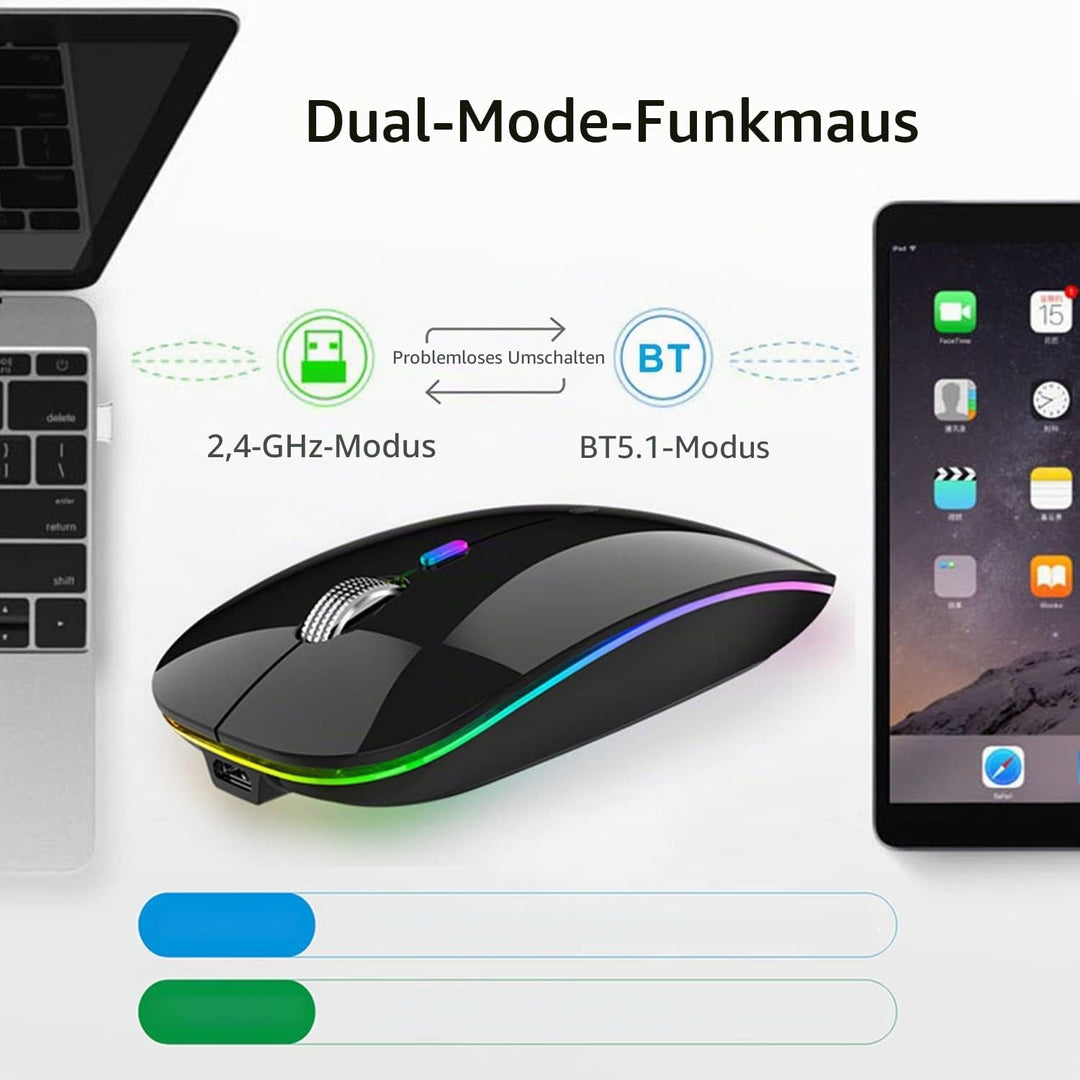 Uiosmuph Bluetooth Maus Kabellose, LED Funkmaus wiederaufladbar Leise Wireless Mouse 2.4GHz Kabellos
