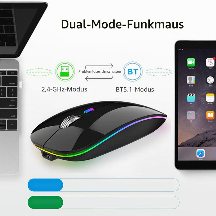 Uiosmuph Bluetooth Maus Kabellose, LED Funkmaus wiederaufladbar Leise Wireless Mouse 2.4GHz Kabellos