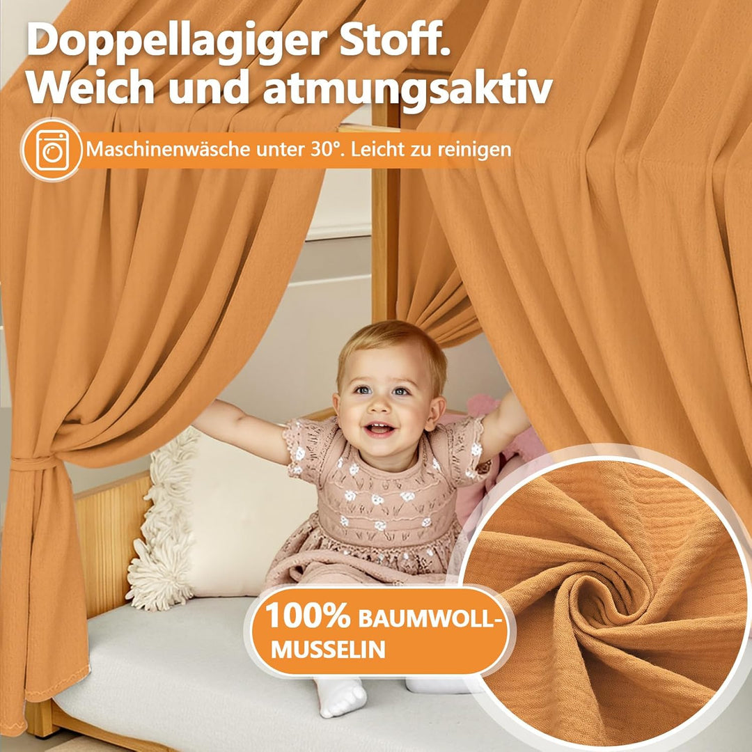 Alishomtll Hausbett Himmel Deko Set, 2 Betthimmel Hausbett aus 100% Baumwolle Musselin, 1 Wimpelkett