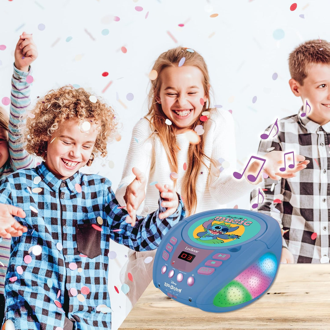 Lexibook - Disney Stitch - Bluetooth-CD-Player für Kinder - Tragbar, mehrfarbige Lichteffekte, Mikro