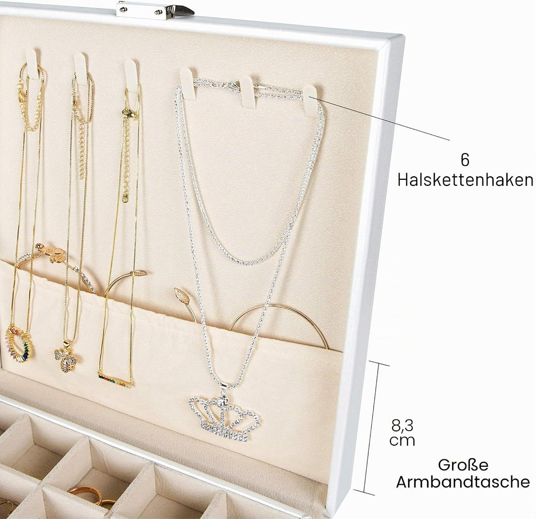 Frebeauty - Klassischer Schmuckkasten mit 50 Fächern, doppellagig, mit 6 Haken für Halskette und Arm