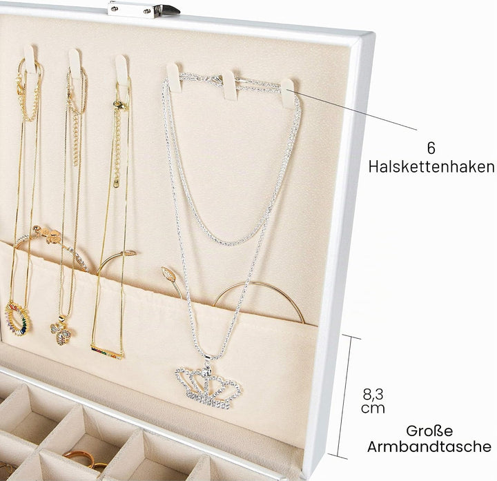 Frebeauty - Klassischer Schmuckkasten mit 50 Fächern, doppellagig, mit 6 Haken für Halskette und Arm