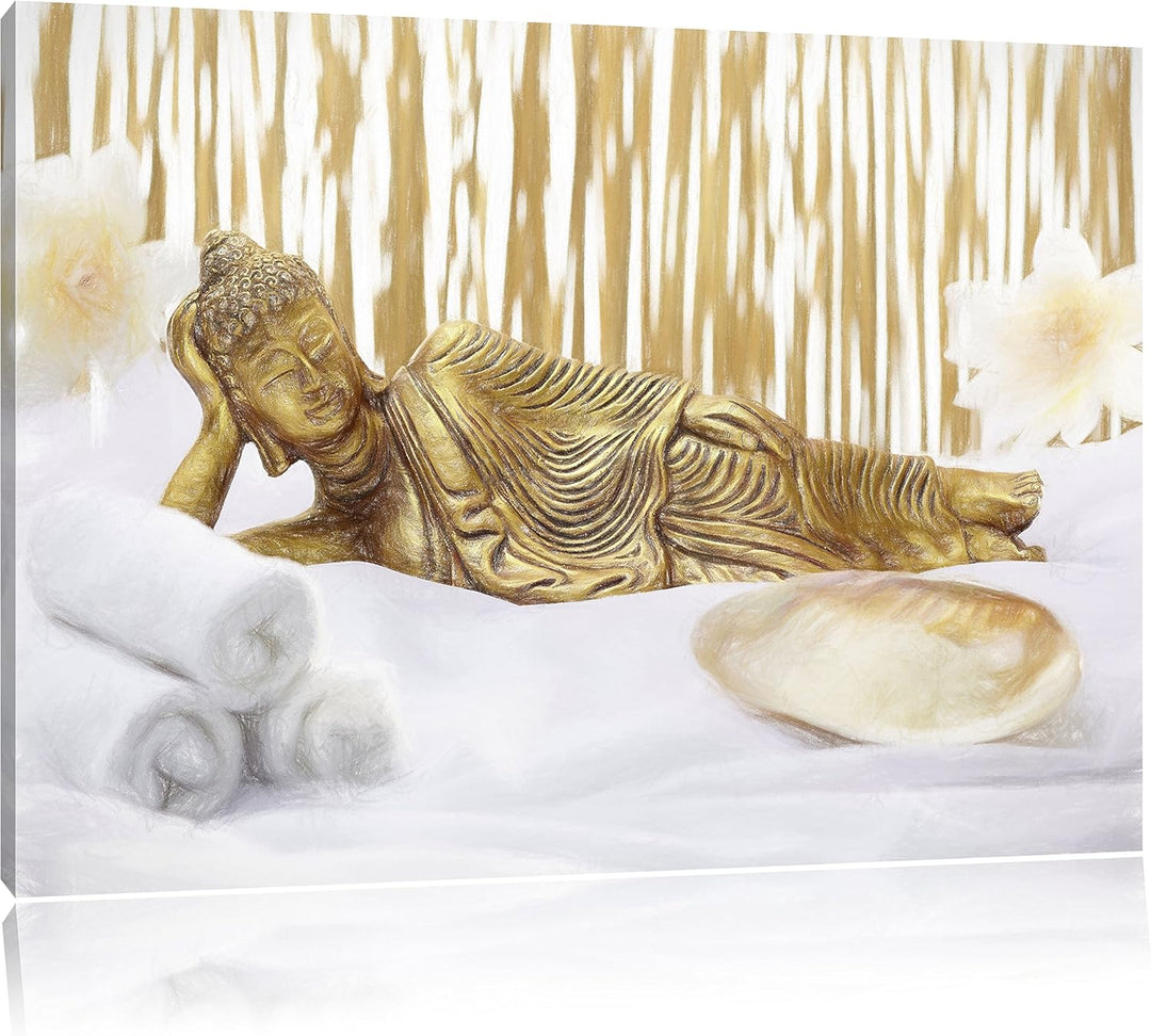 Pixxprint Goldener Buddha auf Handtuch Kunst Buntstift Effekt, Format: 100x70 auf Leinwand
