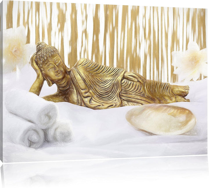 Pixxprint Goldener Buddha auf Handtuch Kunst Buntstift Effekt, Format: 100x70 auf Leinwand