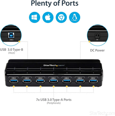 StarTech.com 7 Port USB 3.0 SuperSpeed Hub - USB 3 Hub Netzteil / Stromanschluss und Kabel - Schwarz