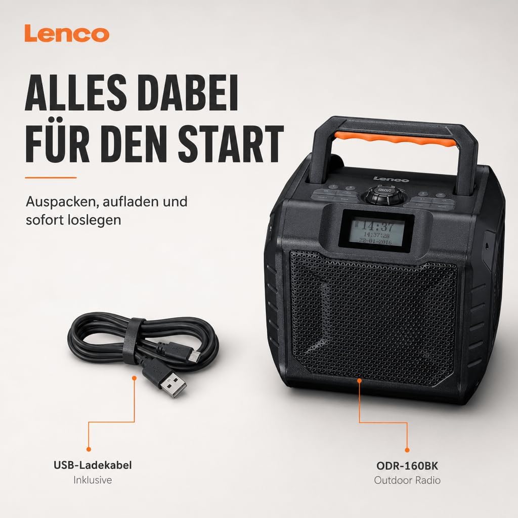 Lenco ODR-160BK Outdoor-Radio - DAB+/FM-Radio, Bluetooth-Lautsprecher, stossfest & wasserdicht, SD-K
