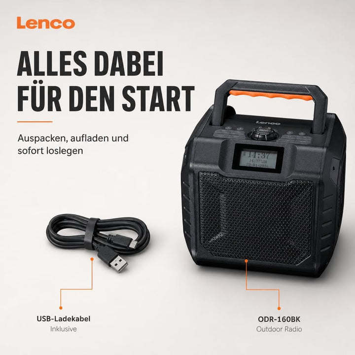 Lenco ODR-160BK Outdoor-Radio - DAB+/FM-Radio, Bluetooth-Lautsprecher, stossfest & wasserdicht, SD-K