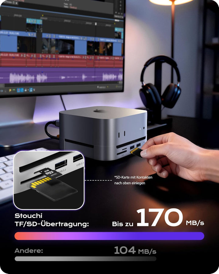 Stouchi Mac mini M4 Dock mit 8TB NVMe/SATA SSD-Gehäuse, 2X USB-A 10 Gbit/s, 4K HDMI, SD/TF-Slot, 2X