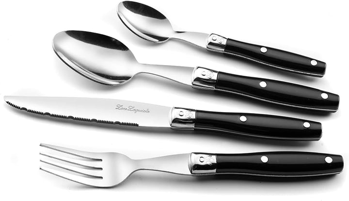 Lou Laguiole Steakbesteck | Steakmesser Set 24-teilig | Besteck für 6 Personen | Schwarz | Wellensch