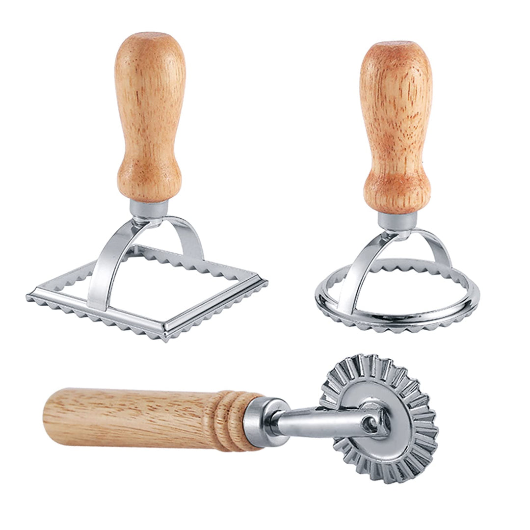 Ravioli Maker Stamper Cutter mit Roller Wheel Set, Pasta Maker Form mit Holzgriff und geriffeltem Ra