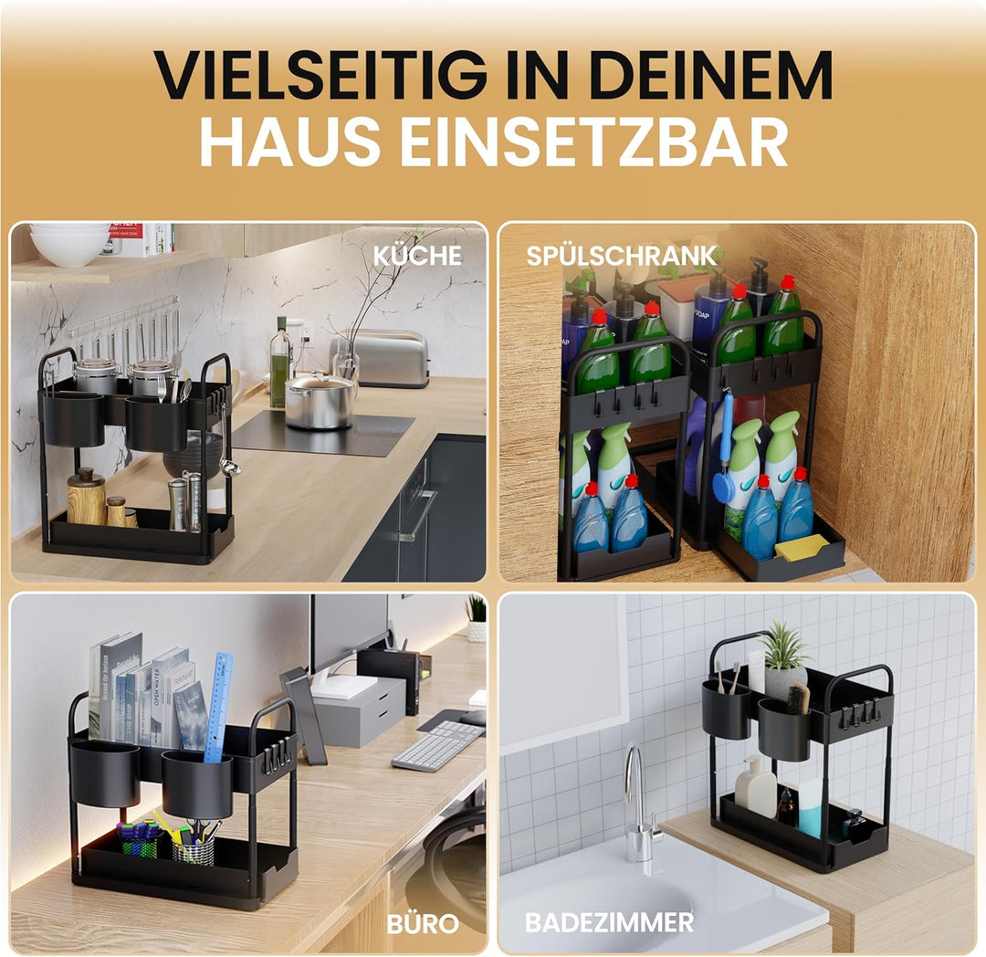 HELDENWERK Unter Waschbecken Regal für Spülenunterschrank höhenverstellbar mit 2 Etagen in schwarz I