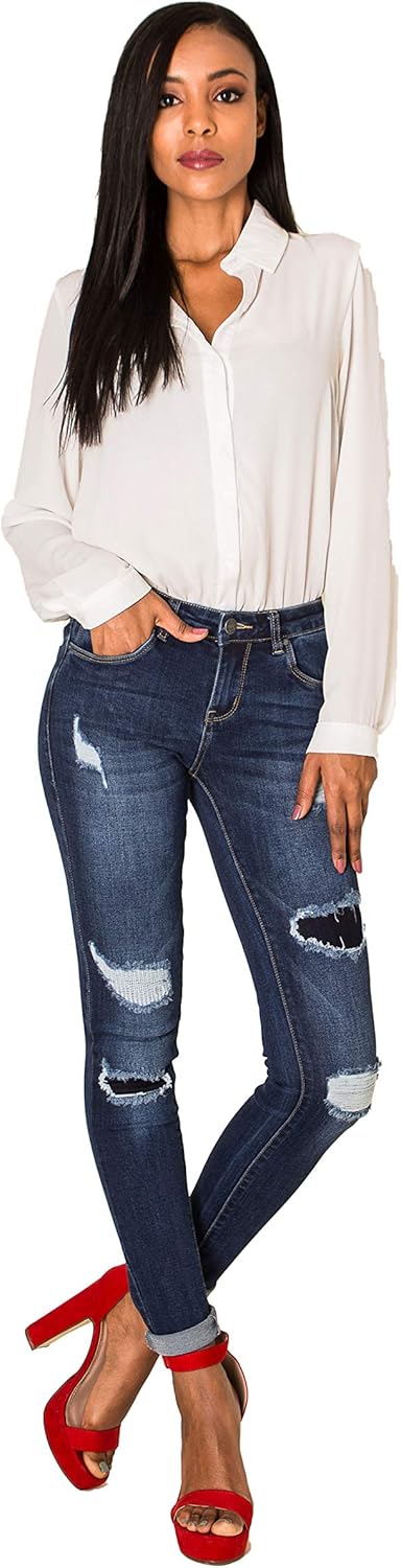 Nina Carter P100 Damen Skinny Fit Low Waist Jeanshosen mit Destroyed-Effekten Used-Look Jeans Waschu