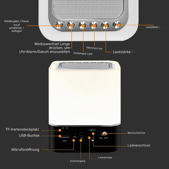 Nachttischlampe mit Wecker, Bluetooth-Lautsprecher, Dimmbarer RGB-Farbwechsel, Tragbarer Bluetooth-L