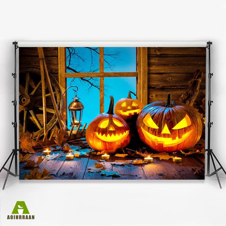 Aoihrraan 3x2m Böse Kürbis Laterne Hintergrund Holz Haus Fenster Rad Kerze Ahorn Blatt Halloween Fot