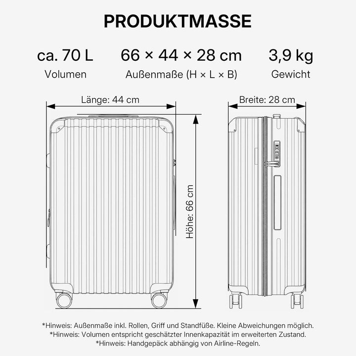 M816 TSA-Schloss, Dehnungsfuge, Teleskopgriff, Reisekoffer mit 4 Rollen, Hartschale, Mittle 65cm, Du