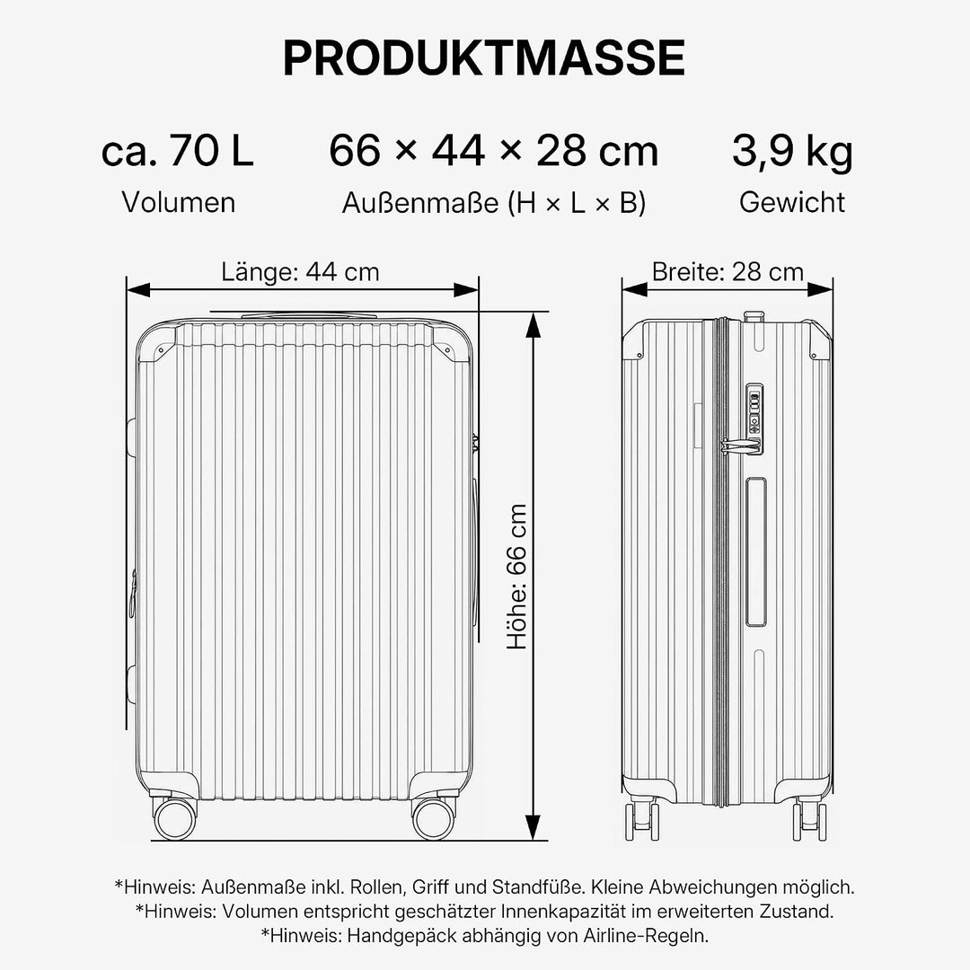 M816 TSA-Schloss, Dehnungsfuge, Teleskopgriff, Reisekoffer mit 4 Rollen, Hartschale (Champagner, Mit