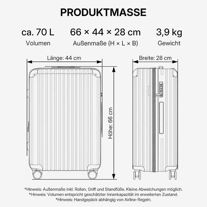 M816 TSA-Schloss, Dehnungsfuge, Teleskopgriff, Reisekoffer mit 4 Rollen, Hartschale (Champagner, Mit
