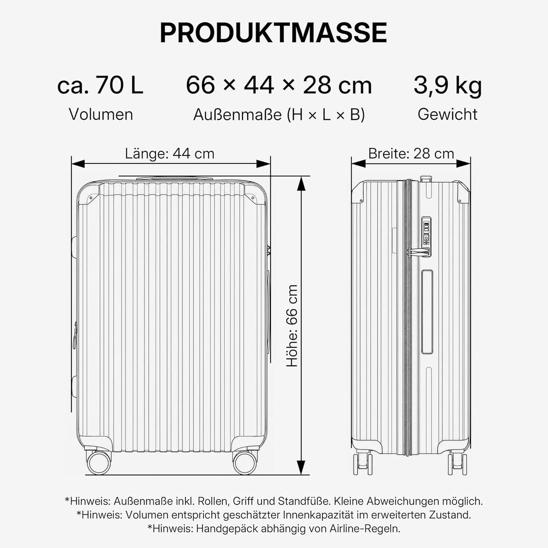 M816 TSA-Schloss, Dehnungsfuge, Teleskopgriff, Reisekoffer mit 4 Rollen, Hartschale (Champagner, Mit