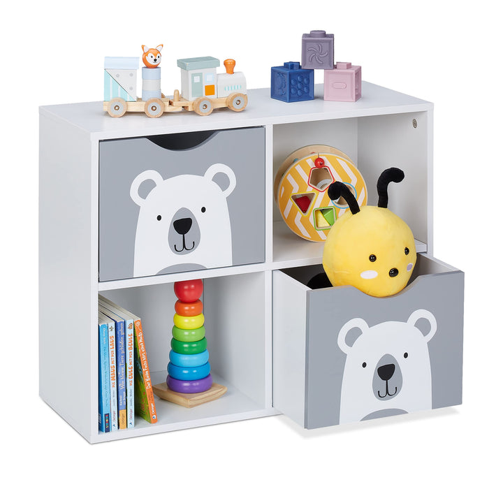 Relaxdays Kinderregal Bär, 2 Schubladen, 2 offene Fächer, H x B x T: 48 x 60 x 24,5 cm, Bücherregal