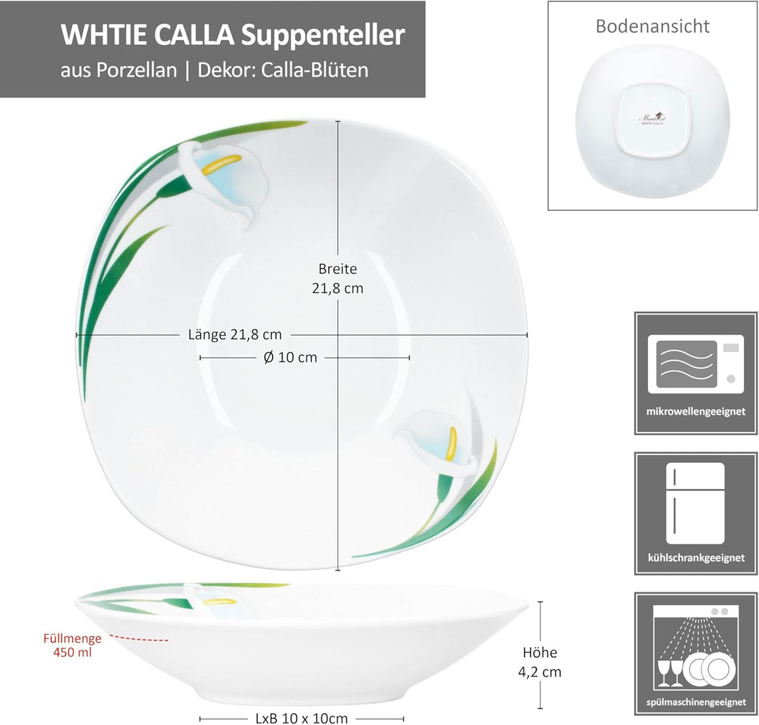 MamboCat 6er Set White Calla Suppenteller I 450ml I Florale stilvolle Porzellan-Teller Blumen-Dekor